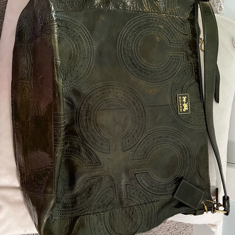Coach Patent Leather Olive Green Hobo Bag
